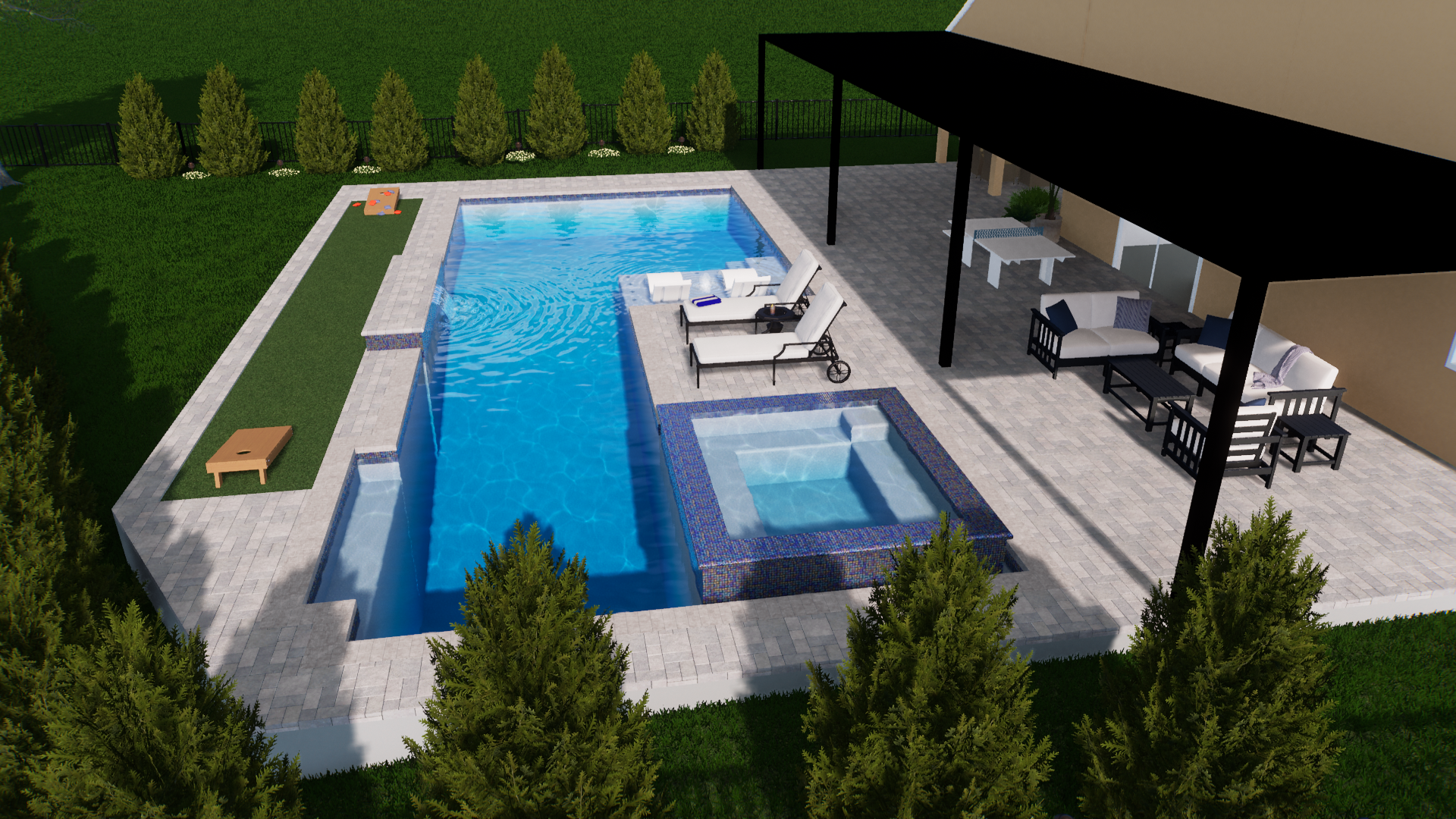 Modern pool design with spa and turf